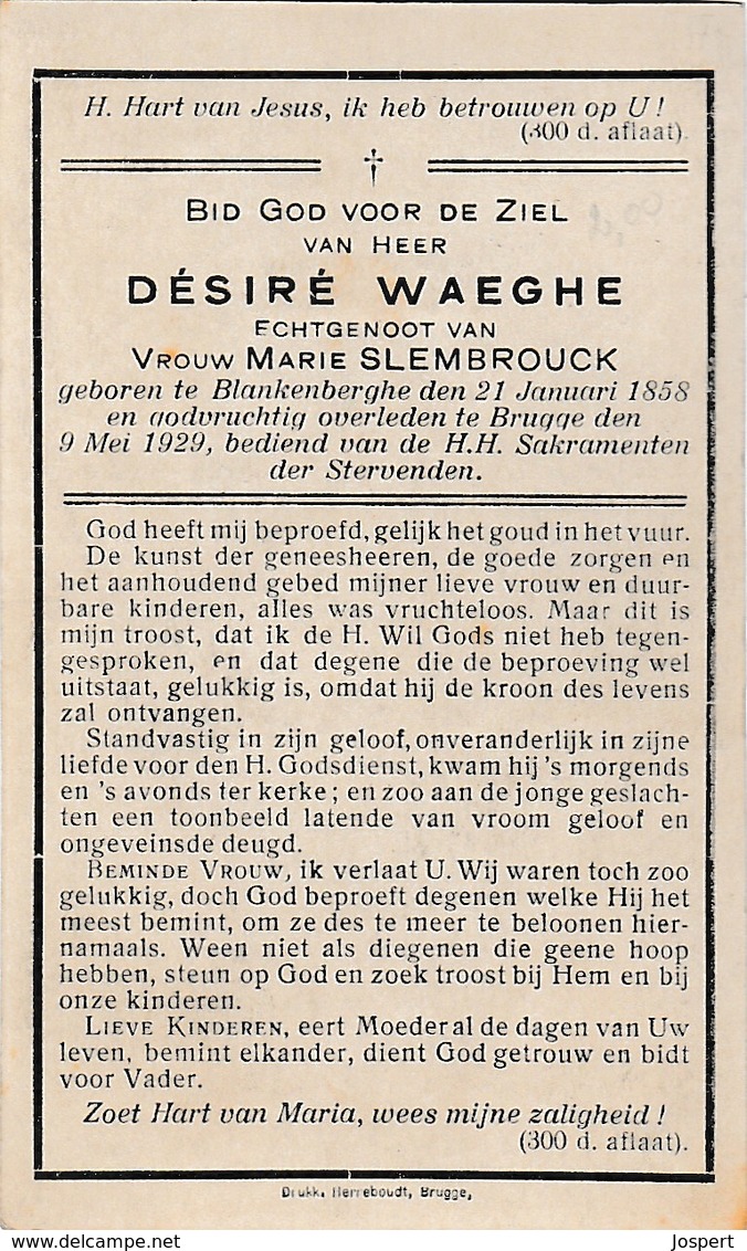 Blankenberge, Brugge, 1929, Desiré Waeghe, Slembrouck - Images Religieuses