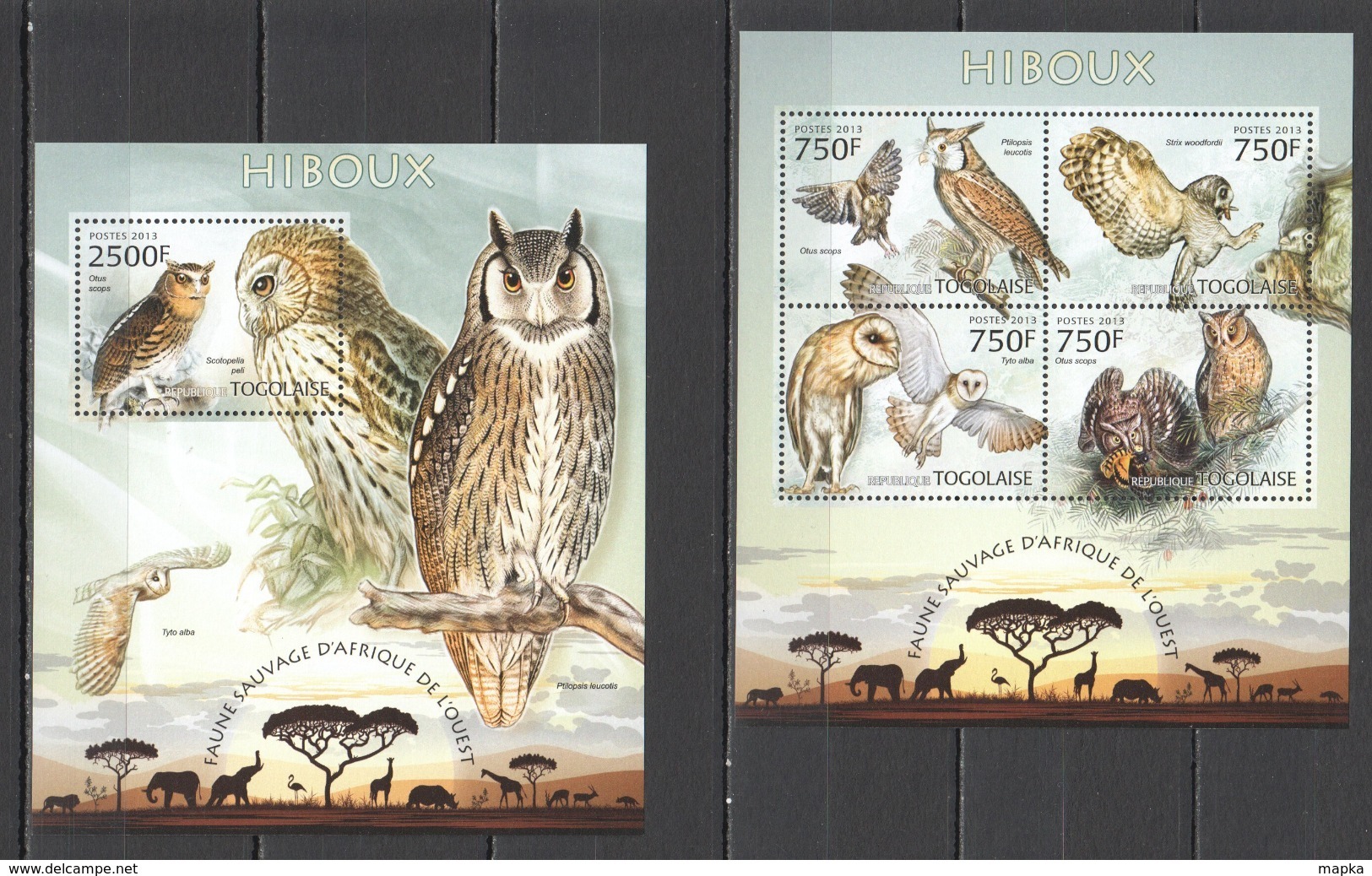 TG605 2013 TOGO TOGOLAISE WILD FAUNA OF AFRICA BIRDS OWLS HIBOUX KB+BL MNH - Owls