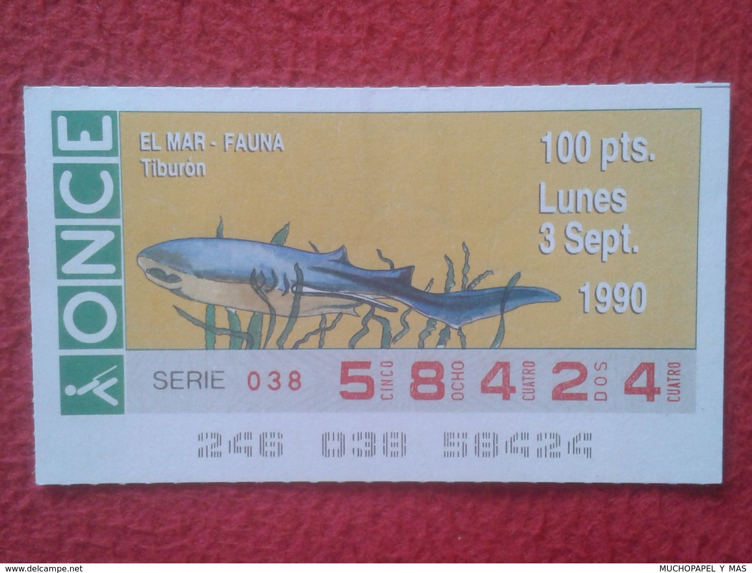 CUPÓN DE ONCE SPANISH LOTTERY CIEGOS SPAIN LOTERÍA ESPAÑA BLIND 1990 EL MAR THE SEA LA MER FAUNA FAUNE TIBURÓN SHARK VE - Billetes De Lotería