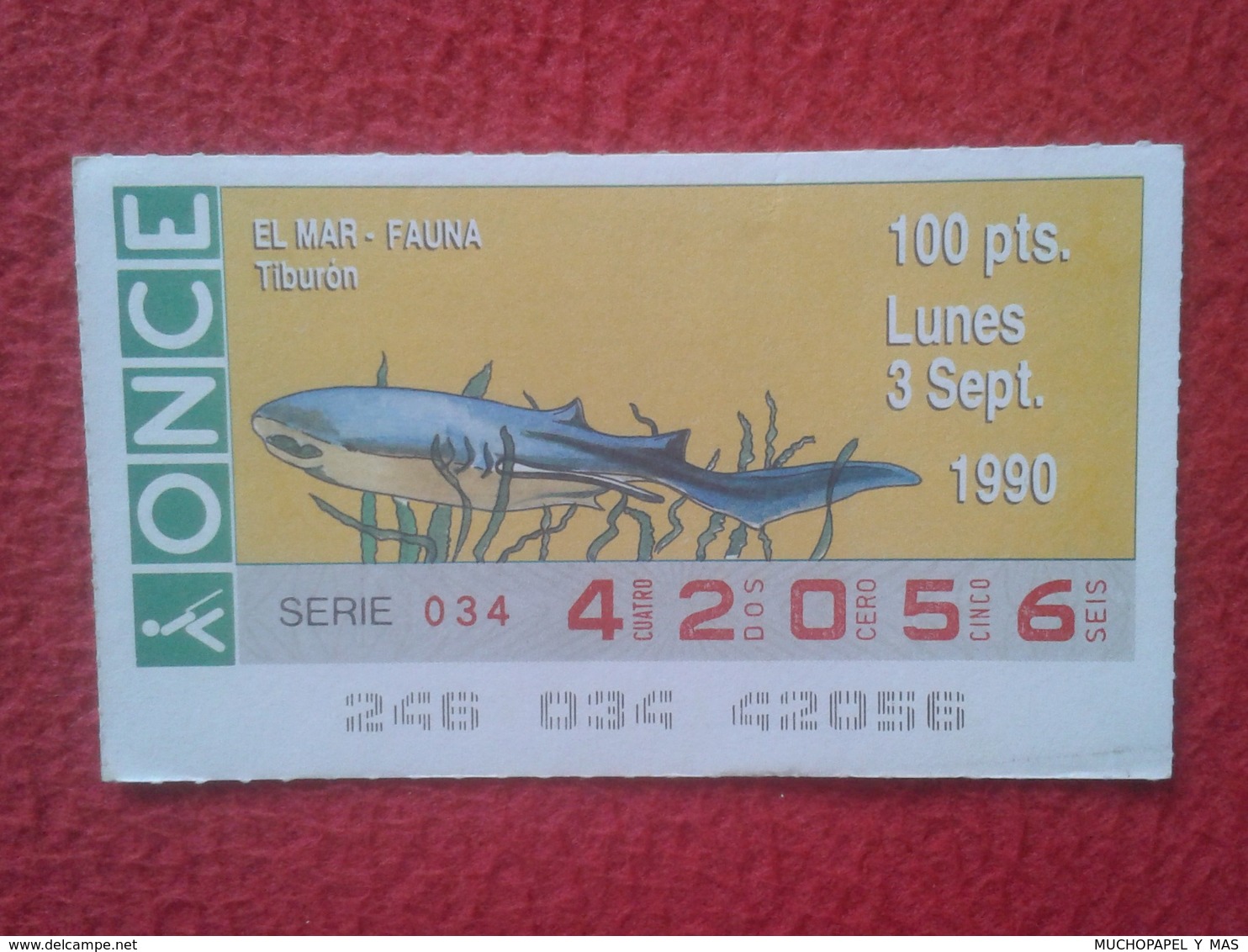 CUPÓN DE ONCE SPANISH LOTTERY CIEGOS SPAIN LOTERÍA ESPAÑA BLIND 1990 EL MAR THE SEA LA MER FAUNA FAUNE TIBURÓN SHARK VE - Billetes De Lotería