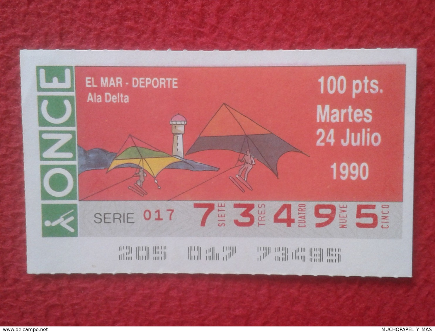 CUPÓN DE ONCE LOTTERY SPAIN LOTERÍA ESPAÑA EL MAR THE SEA LA MER 1990 DEPORTE SPORT ALA DELTA WING HANG GLIDING......VER - Billetes De Lotería