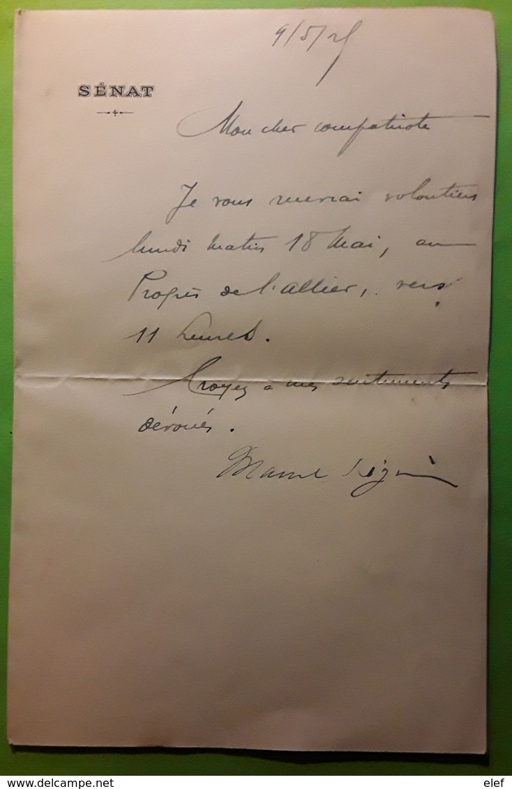 Petite Lettre En Tête SENAT " , Mon Cher Compatriote ,évocation Journal Progrès De L'Allier , 9.5. 1925 , Signée , TB - Collezioni