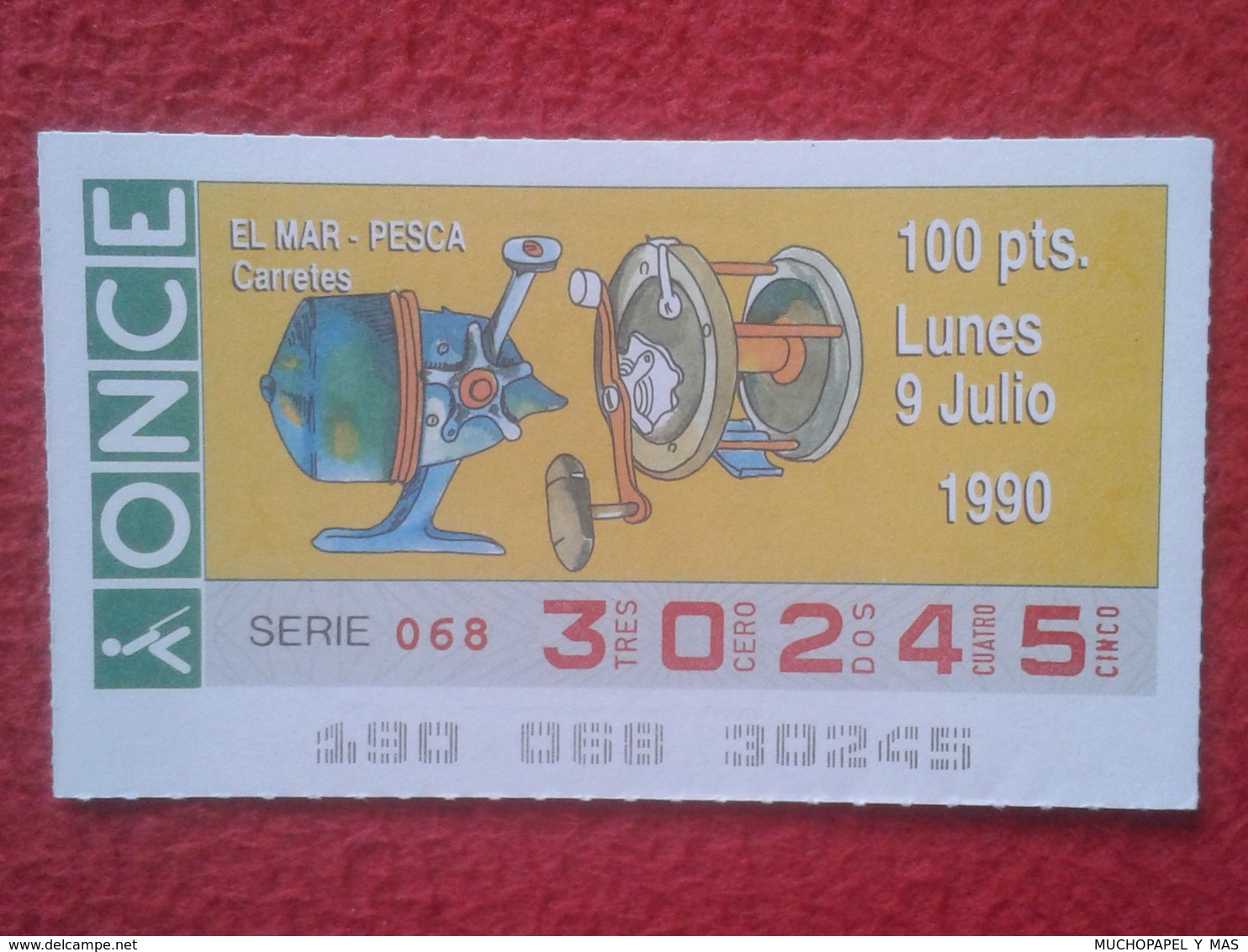 CUPÓN DE ONCE LOTTERY SPAIN LOTERÍA ESPAÑA EL MAR THE SEA LA MER 1990 DEPORTE SPORT CARRETES DE PESCA FISHING REEL REELS - Billetes De Lotería