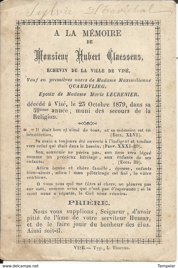 Mortuaire Hubert Claessens - Echevin De La Ville De Visé - Dcd Le 25-10-1879 - Religion &  Esoterik
