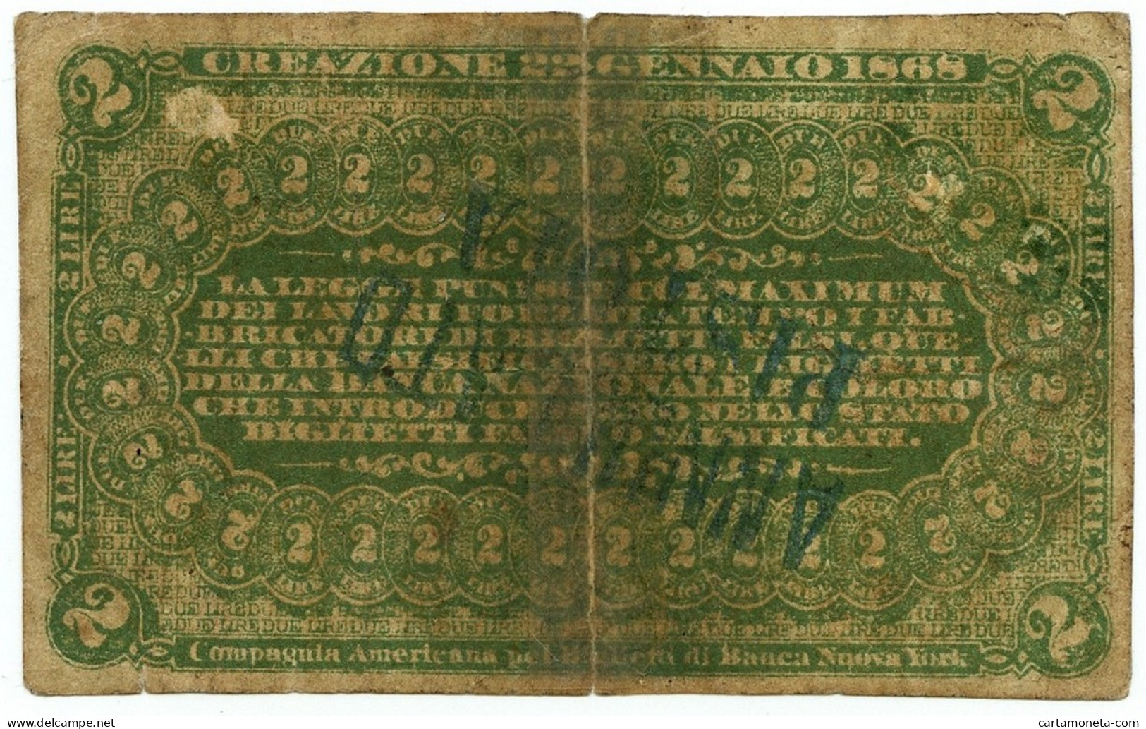 2 LIRE FALSO D'EPOCA BANCA NAZIONALE NEL REGNO D'ITALIA CAVOUR 22/01/1868 MB/BB - [ 8] Fictifs & Specimens