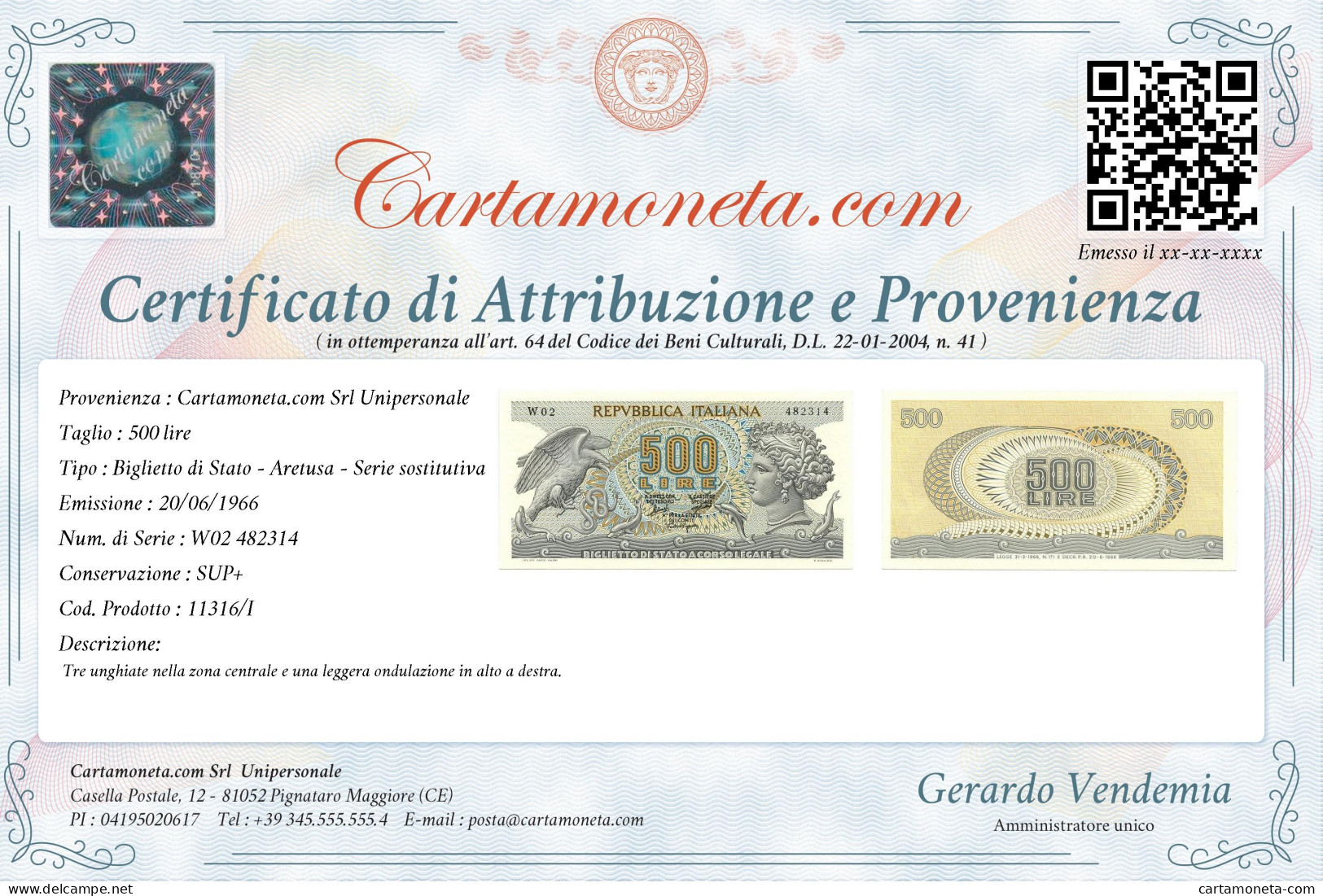 500 LIRE BIGLIETTO DI STATO ARETUSA SERIE SOSTITUTIVA 20/06/1966 SUP+ - Other & Unclassified