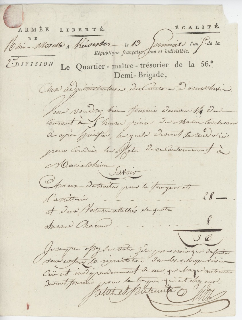 Franchise Armée De Rhin-Moselle Kaysersberg An 5 -1796 Le Quartier - Maître De La 56e Demi-Brigade Cant.à Marckolsheim - Lettres & Documents