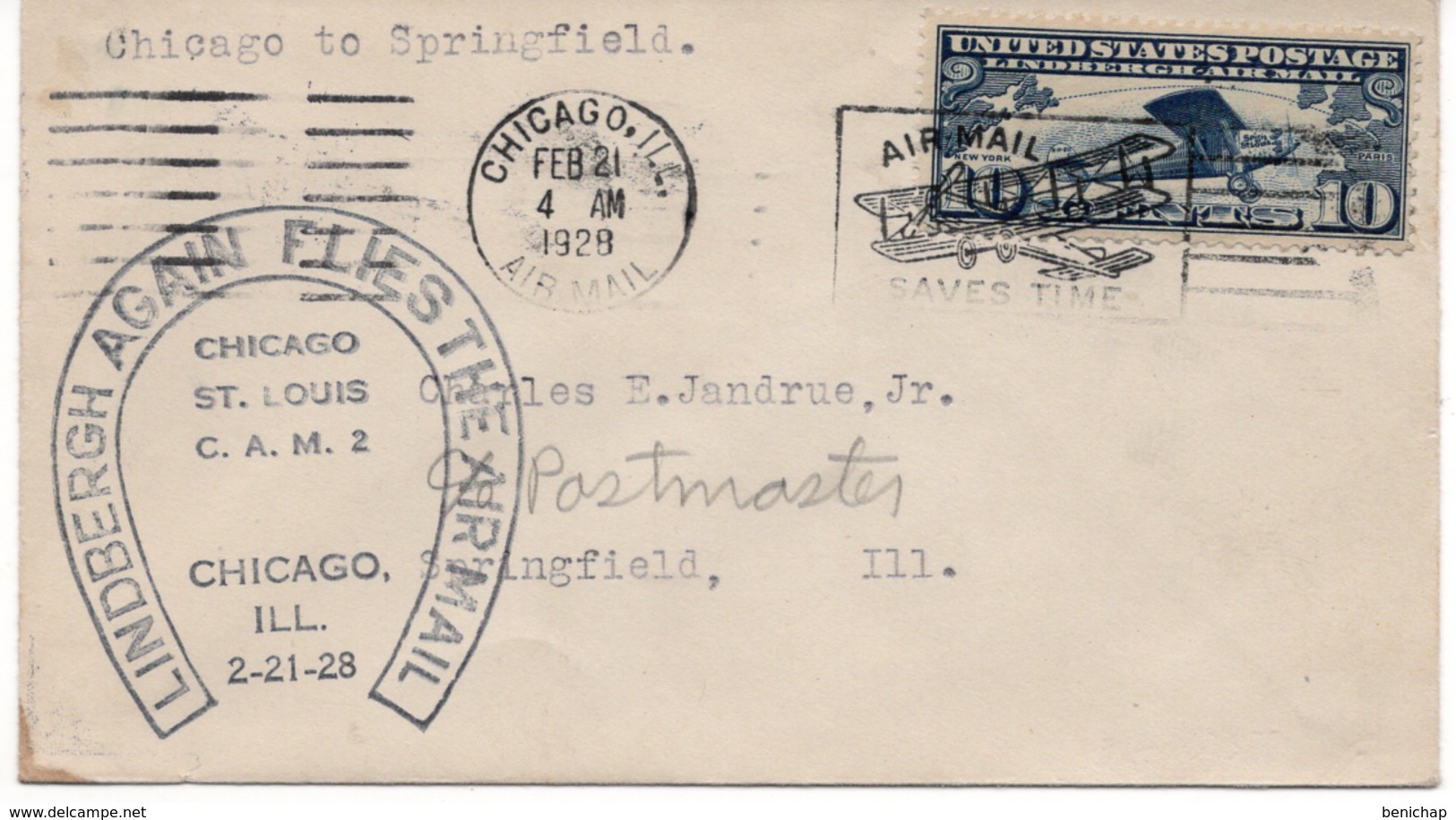 (R65) Scott C10 - 10c Lindbergh 1928 Chicago To Sprinfield  C.A.M. 2 - Spirit Of Saint-Louis. - 1c. 1918-1940 Lettres