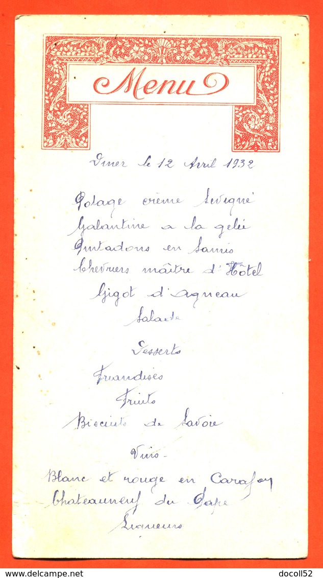 Menu Ancien Diner Du 12 Avril 1932 - Menus