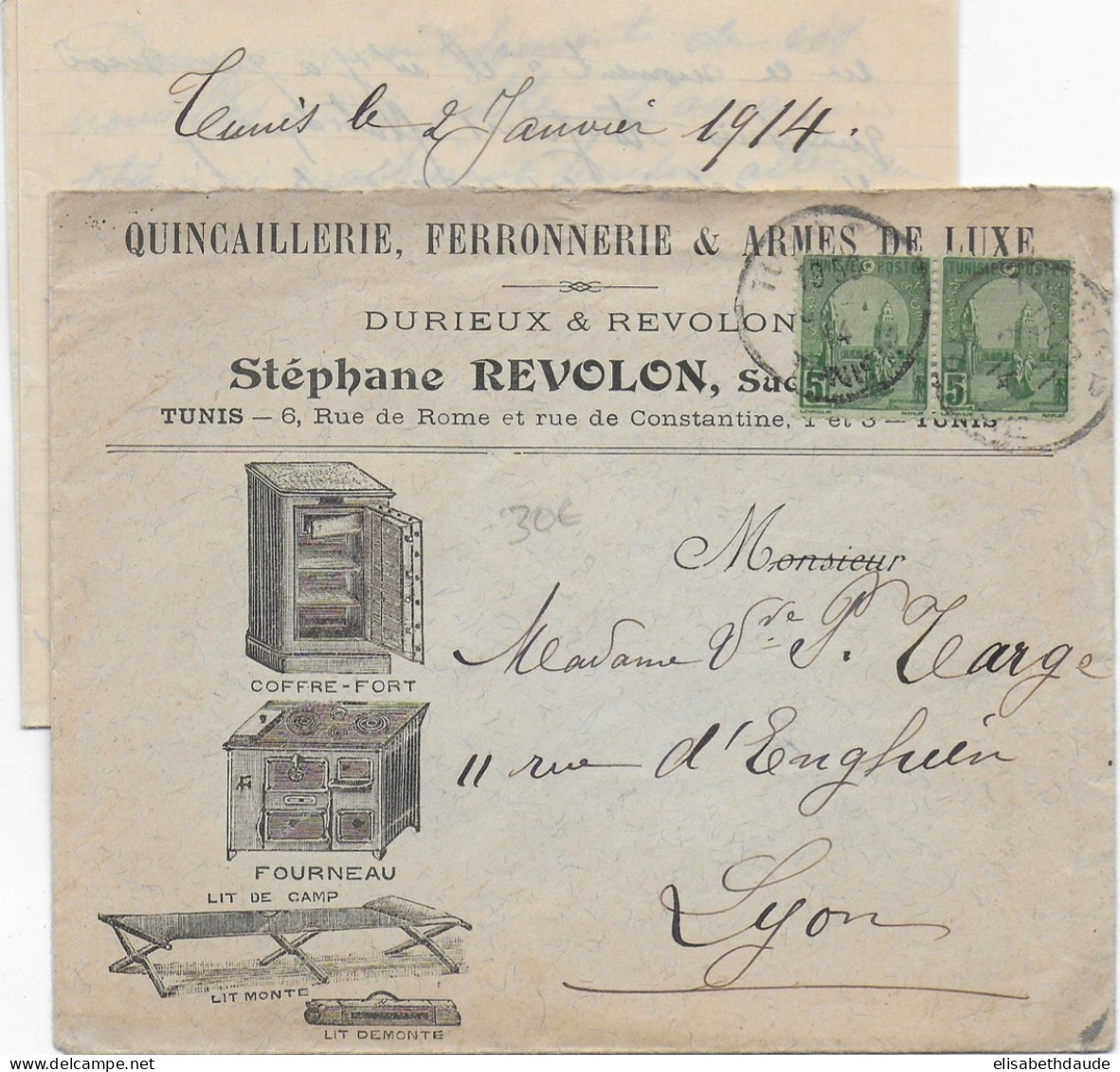 1914 - TUNISIE - SUPERBE ENVELOPPE PUB ILLUSTREE RECTO-VERSO De TUNIS => LYON - Cartas & Documentos