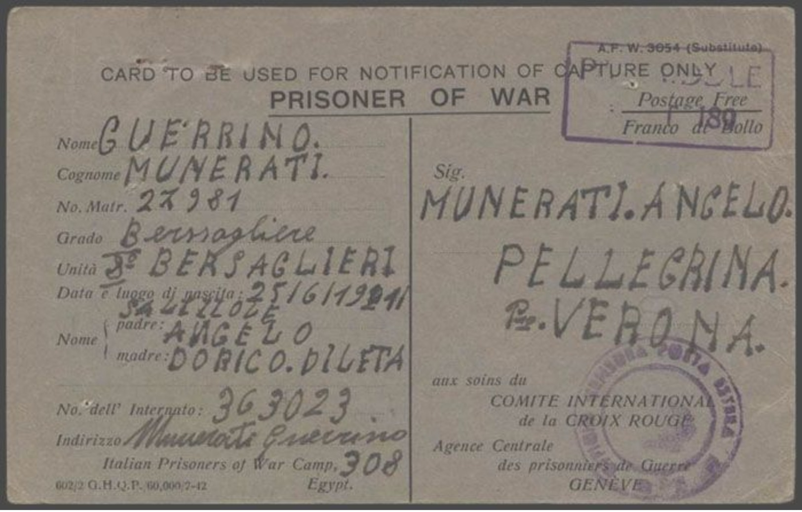 1943 CARTOLINA FRANCHIGIA Prigioniero Guerra Italiano POW Camp 308 In Egitto - Marcophilia