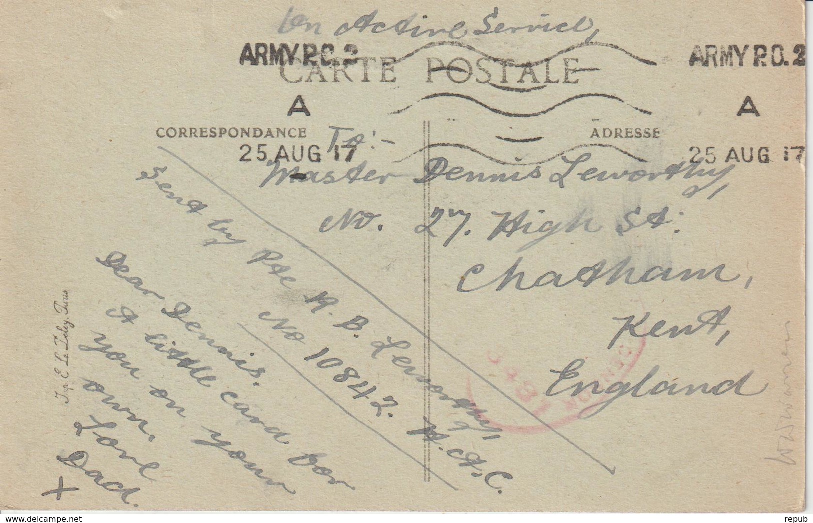 Oblitération Army PO 2 1917 En Franchise Pour L'Angleterre Sur CPA Rouen - Guerre De 1914-18