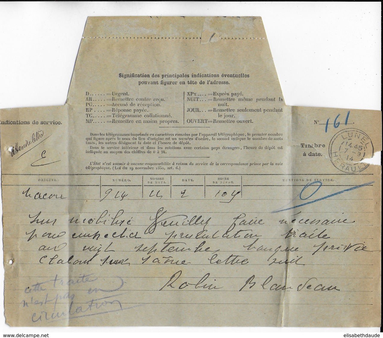 1914 - TELEGRAMME Avec RARE CENSURE De La POLICE SURETE GENERALE De LUNEL (HERAULT) - MESSAGE : "SUIS MOBILISE......" - Guerre De 1914-18