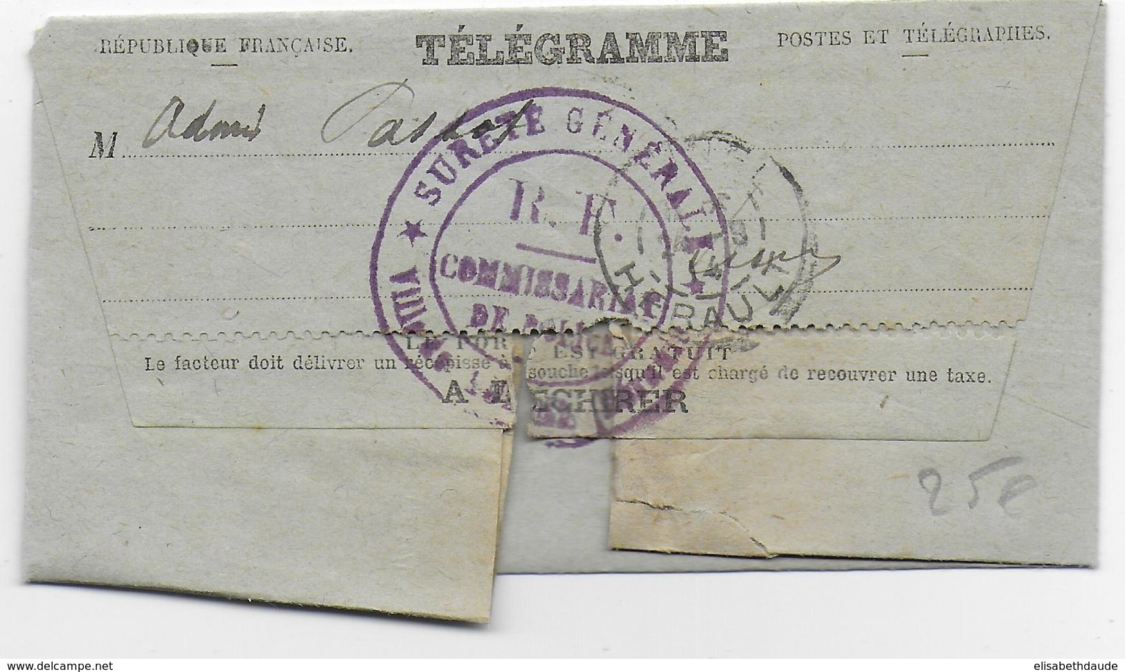 1914 - TELEGRAMME Avec RARE CENSURE SUP De La POLICE SURETE GENERALE De LUNEL (HERAULT) - - Guerre De 1914-18