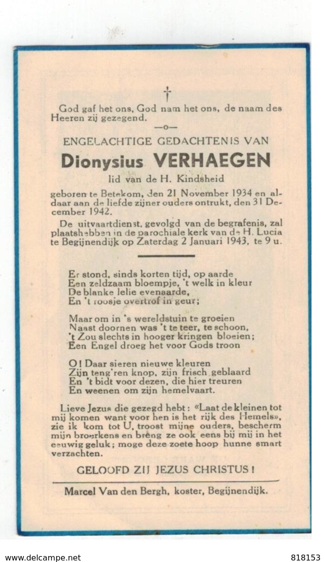 DP Dionysius VERHAEGEN Lid V D H Kindsheid Geb. Betekom 1934,gestorven 1942 - Religion &  Esoterik