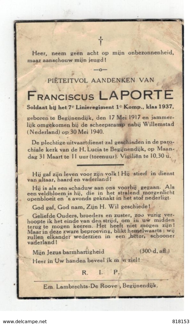 DP FRANCISCUS LAPORTE Geb. Begijnendijk 1917 Soldaat 7°Liniereg.,gestorven Scheepsramp Willemstad (Nl)1940 - Religione & Esoterismo