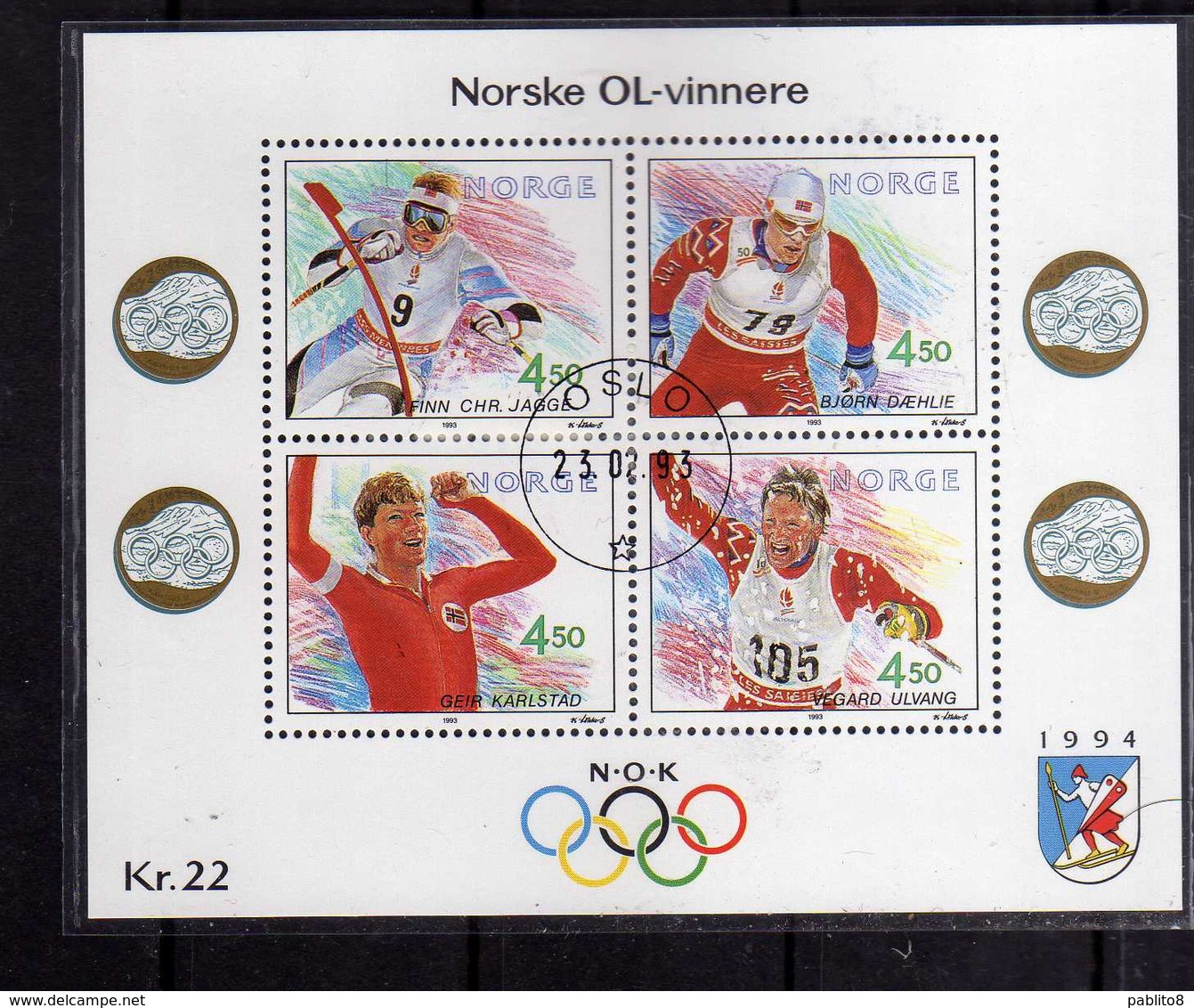 NORWAY NORGE NORVEGIA NORVEGE 1993 NORWEGIAN OLYMPIC WINNERS BLOCCO FOGLIETTO BLOCK SHEET FIRST DAY CANCEL FDC - Blocchi & Foglietti