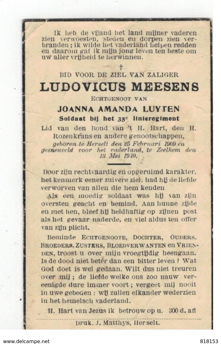 DP LUDOVICUS MEESENS Geb. Herselt Soldaat 35° Linieregiment Echtgen. V JOANNA AMANA LUYTEN,gesneuveld Te Zelem 1940 - Religion &  Esoterik