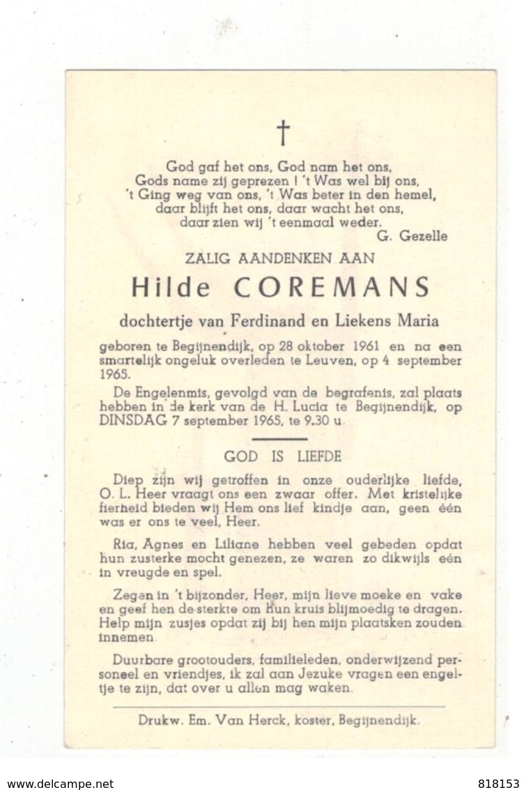 DP Hilde COREMANS Geb.Begijnendijk 1961,dochtertje V Ferdinand En Liekens Maria,verongelukt En Gestorven Te Leuven 1965 - Religion &  Esoterik