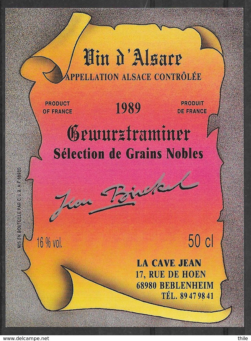 ALSACE - Gewurztraminer Sélection De Grains Nobles 1989 - Jean Birckel - La Cave Jean - Béblenheim (état Neuf) - Gewurztraminer