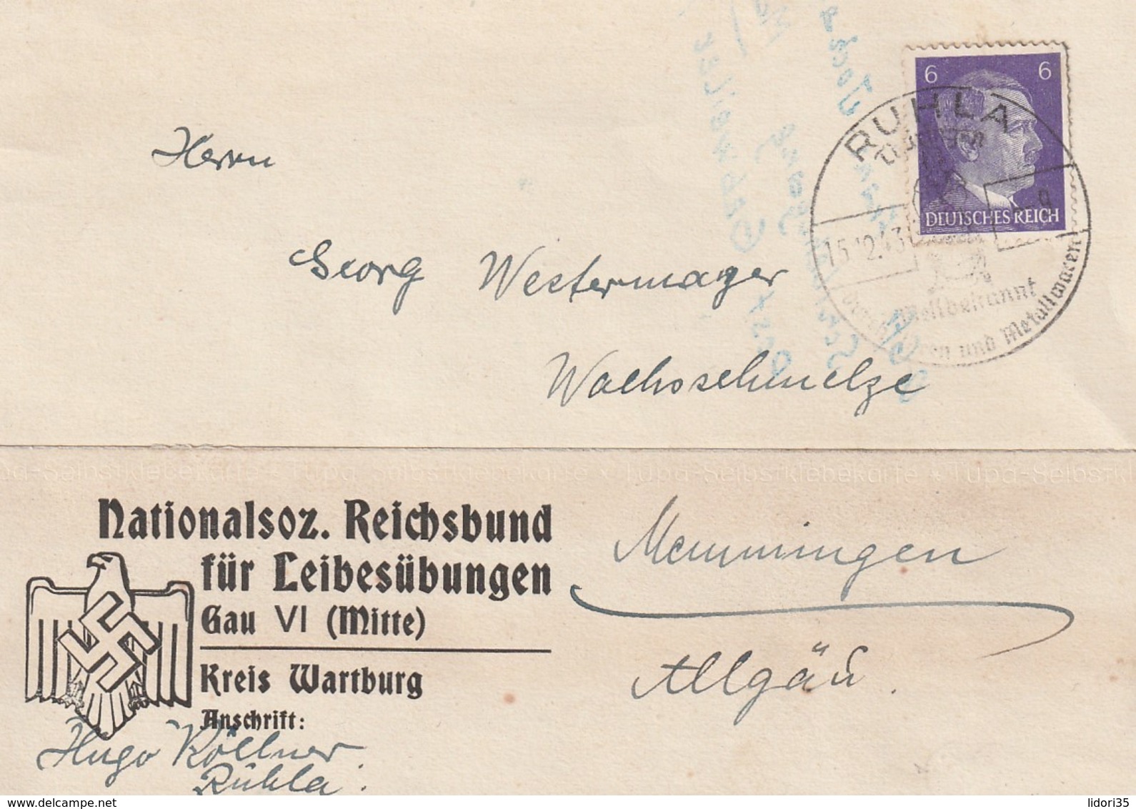 Deutsches Reich / 1943 / Karte Stempel Ruhla, Abs. Nationalsoz. Reichsbund Fuer Leibesuebingen (5533) - Covers & Documents