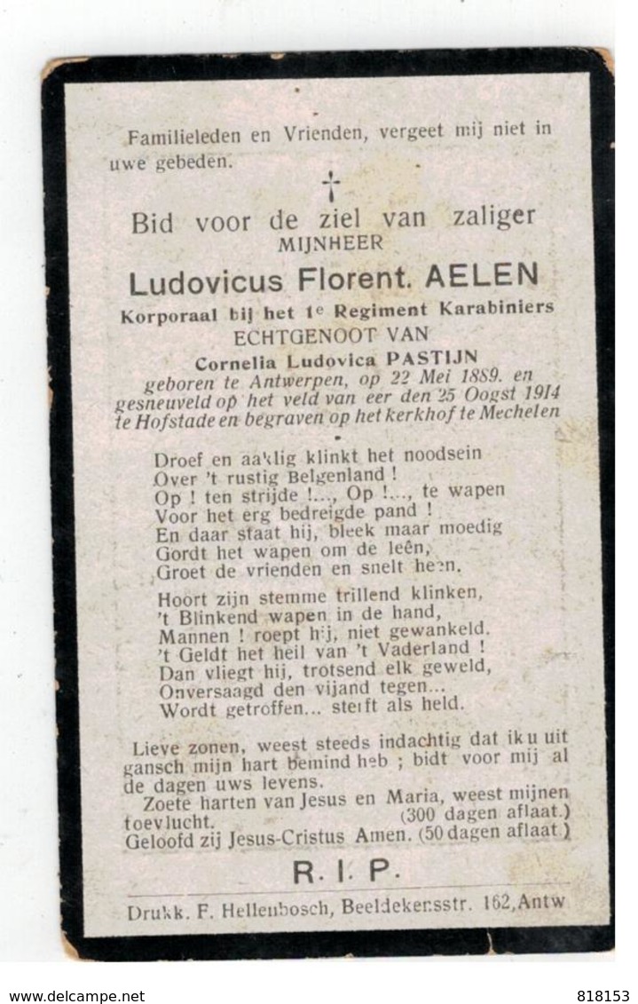 DP Ludovicus Florent AELEN Geb.Antwerpen 1889 Korporaal 1° Reg.Karabiniers Gesneuveld Te Hofstade 1914 - Religion &  Esoterik