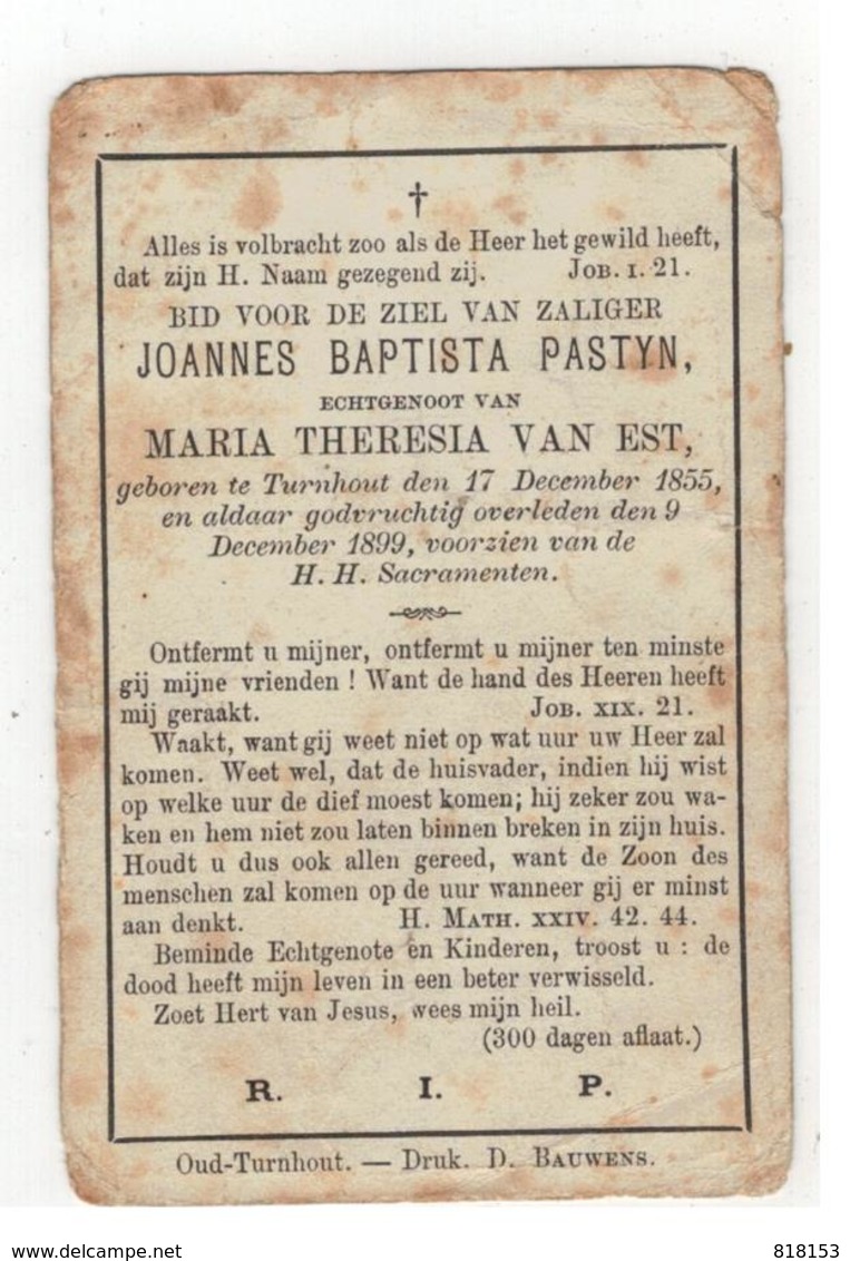 DP JOANNES BAPTISTA PASTYN Geb.Turnhout 1855 Echtgen. V Maria Theresia VAN EST Gestorven 1899 - Religion & Esotericism