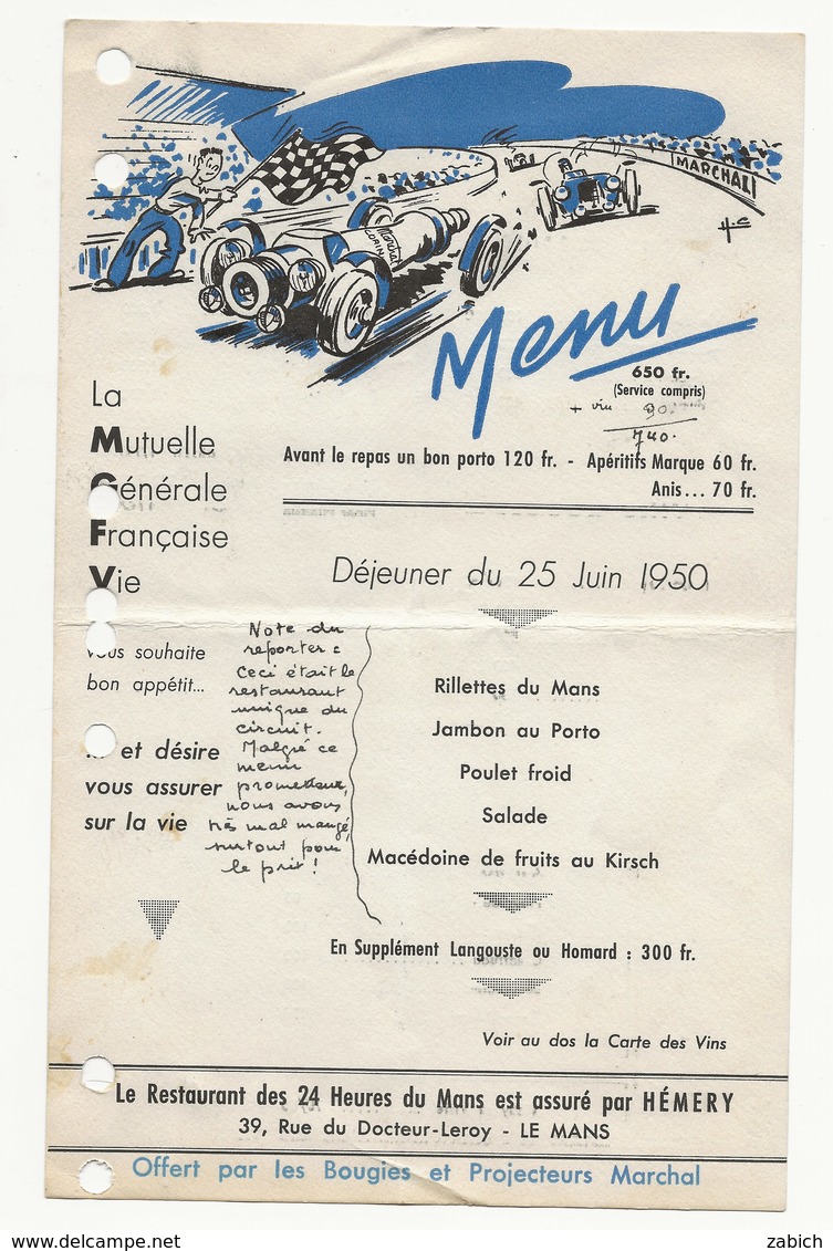 FRANCE MENU RESTAURANT DU CIRCUIT DES 24 HEURES DU MANS 25 JUIN 1950 - Altri & Non Classificati