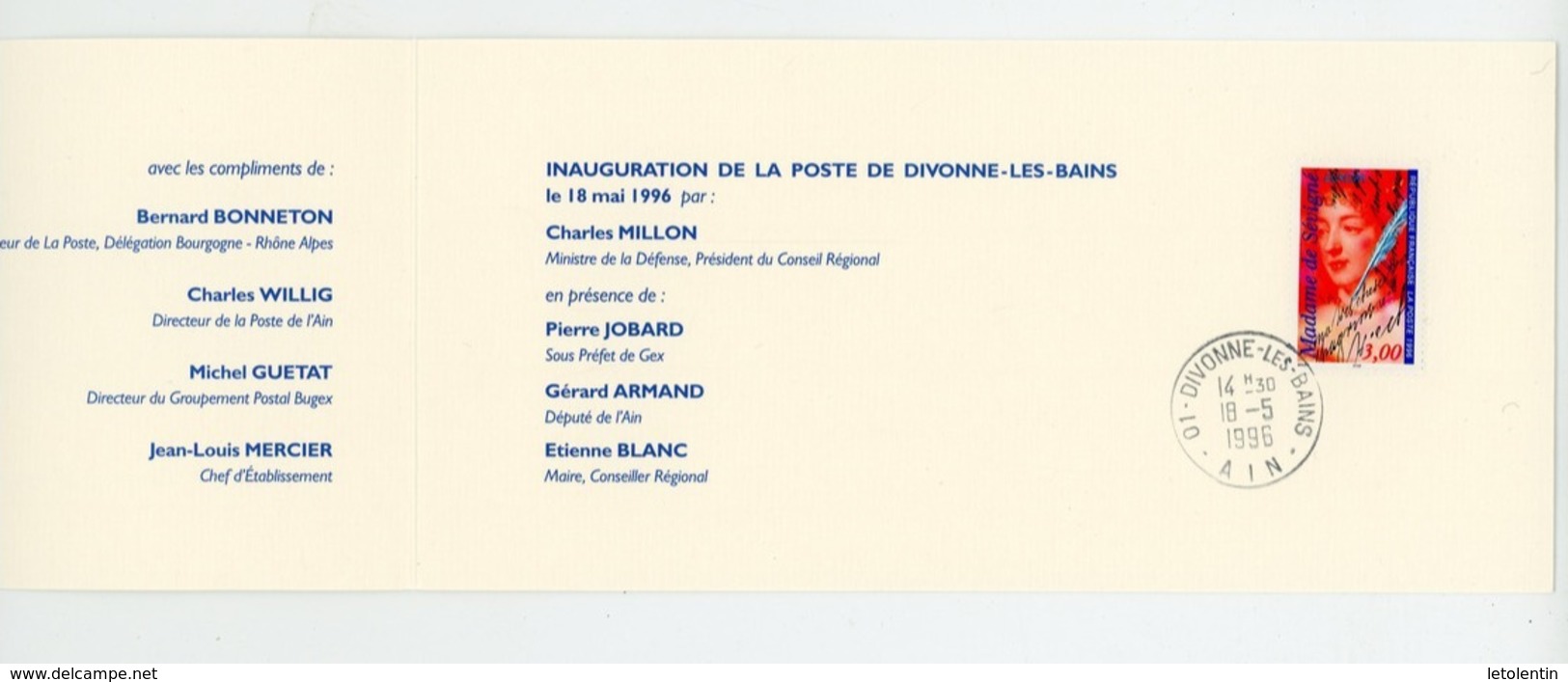 FRANCE - Mme DE SÉVIGNÉ -  N° Yt 3000A SUR CARTE POUR L'INAUGURATION DE LA POSTE DE DIVONNE-LES-BAINS DU 18/5/1996 - Lettres & Documents