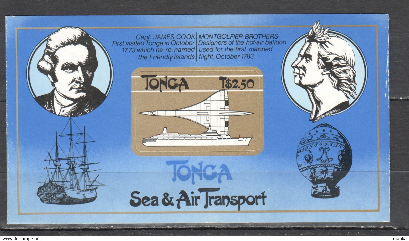 E1785 !!! SELF-ADHESIVE TONGA TRANSPORT AVIATION SHIPS SEA AND AIR COOK MONGOLFIER 1BL MNH - Aerei