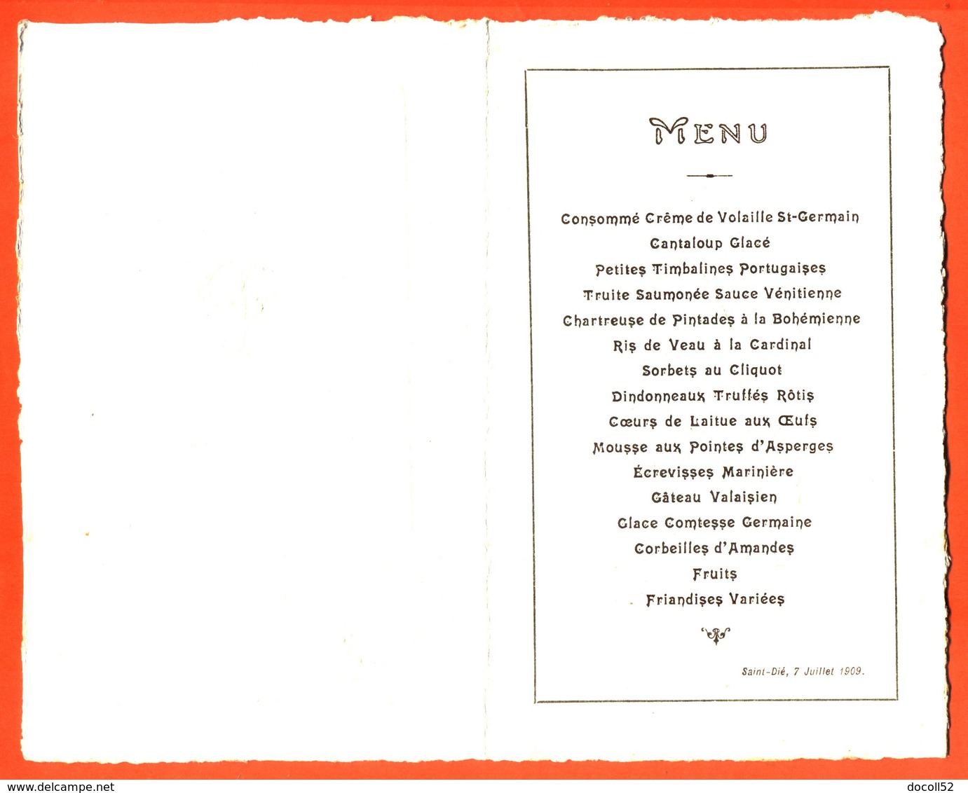 Menu Ancien Dépliant à Monogramme Diner Du 7 Juillet 1909 à Saint Dié ( Vosges ) - Menus