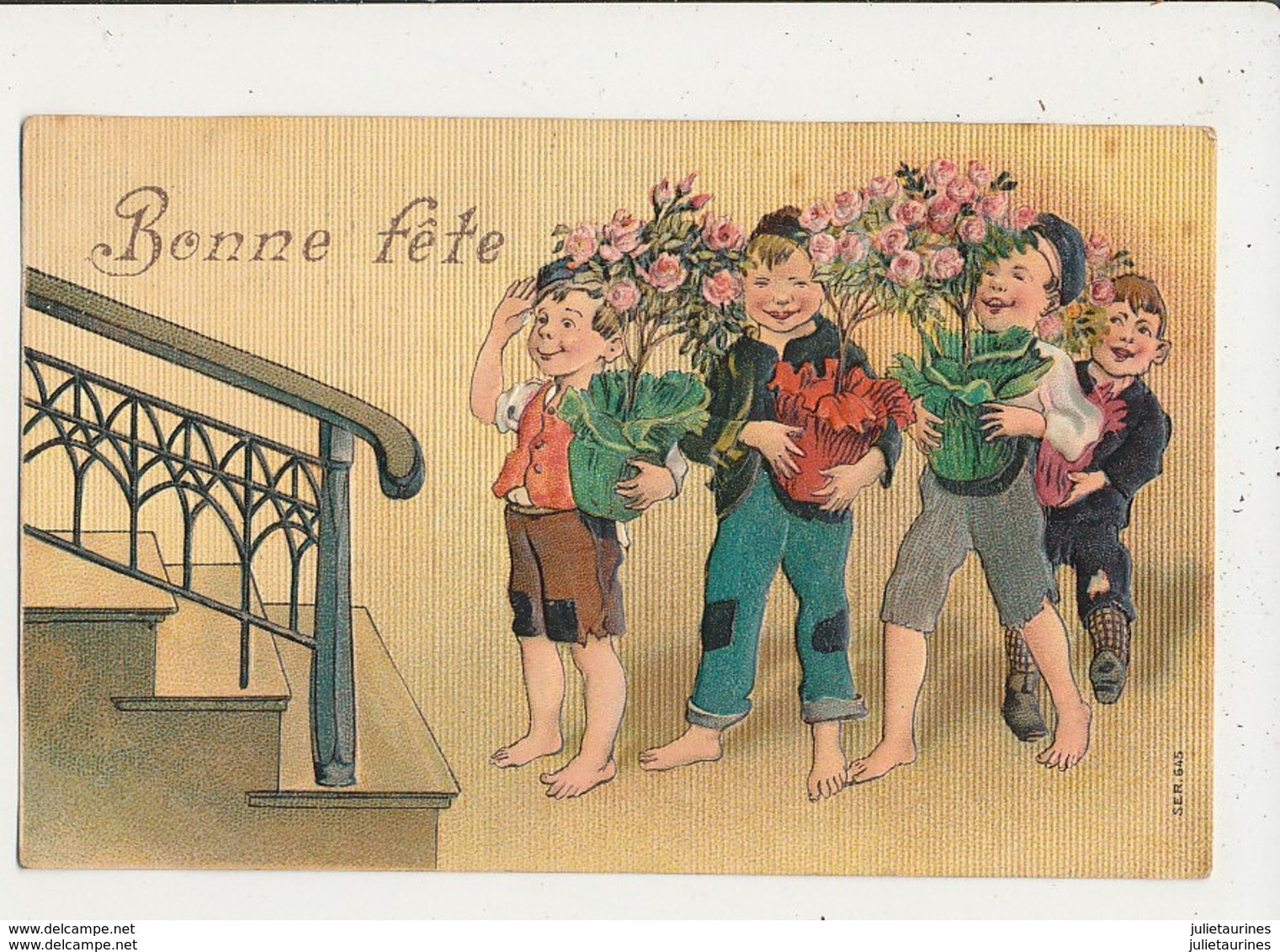 BONNE FETE GROUPE D ENFANTS AVEC VASES DE ROSES CPA GAUFREE BON ETAT - Nouvel An