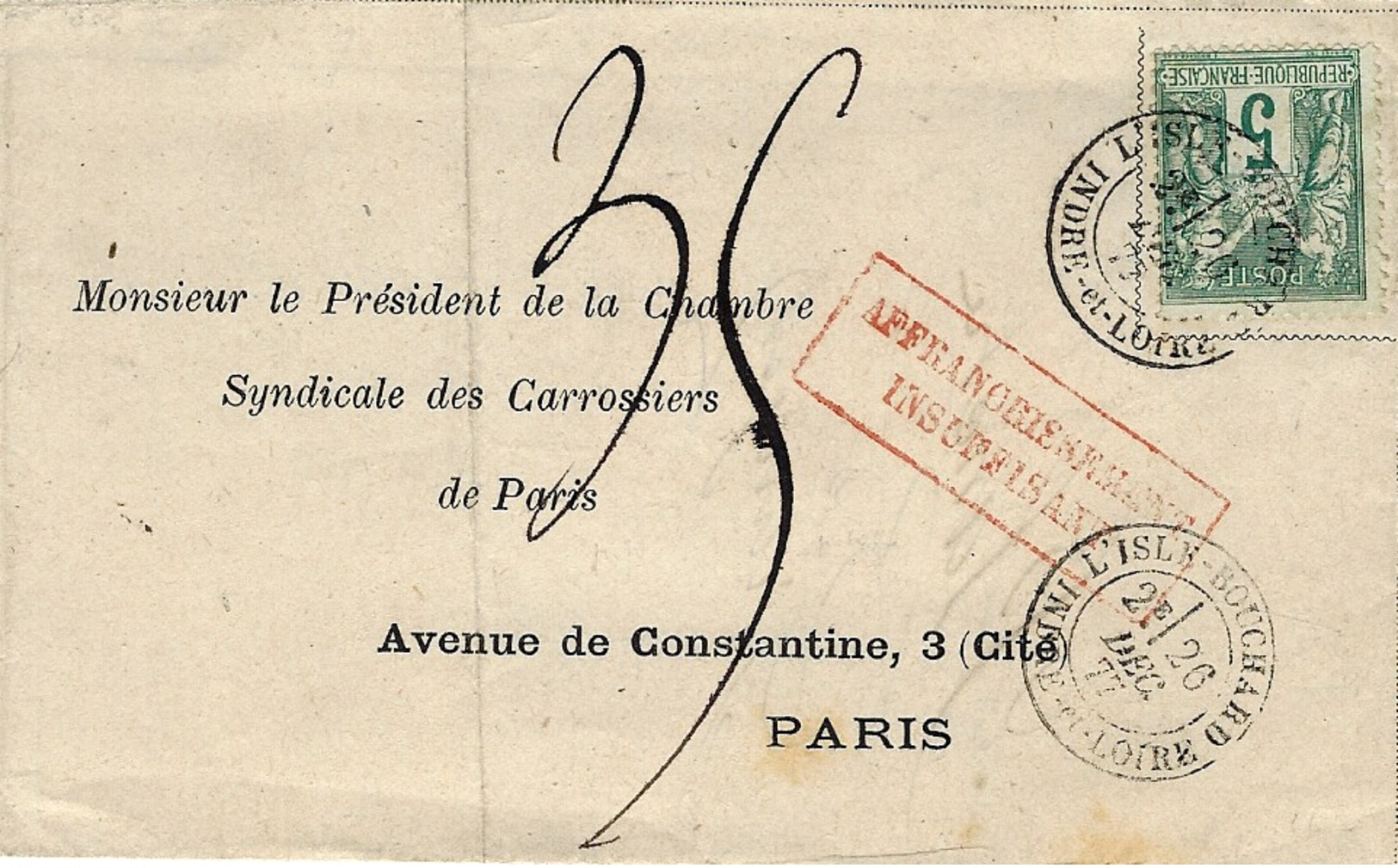 1877- Lettre De L'ISLE BOUCHARD  / INDRE ET LOIRE  Cad T18 Affr5 C Sage TAXE 35 C - SUPERBE - 1877-1920: Période Semi Moderne