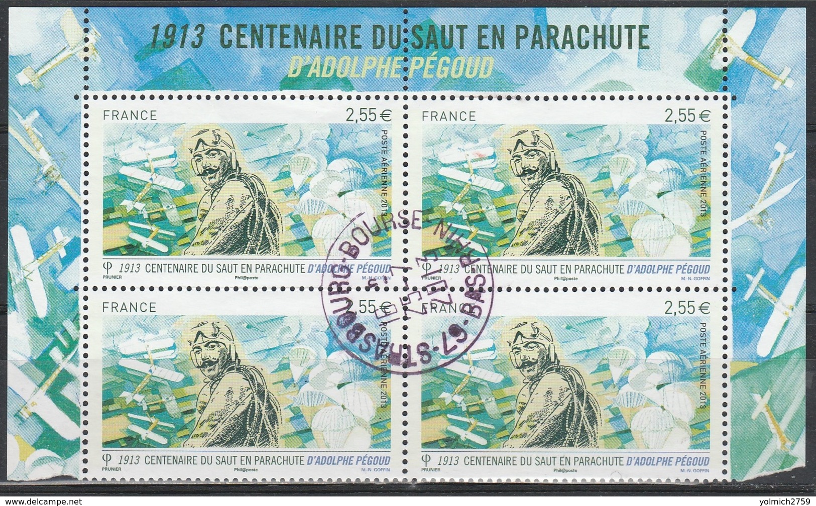 PA 76a 2.55€  ADOLPHE PEGOUD - PARACHUTE - BLOC De 4 Avec BORDS De FEUILLE - OBLIT. MANUELLE RONDE - 1960-.... Matasellados