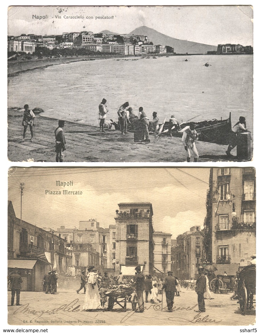 NAPOLI 2 Cartoline Animate Pzza Mercato E Via Caracciolo Con Pescatori 1907/13 - Napoli