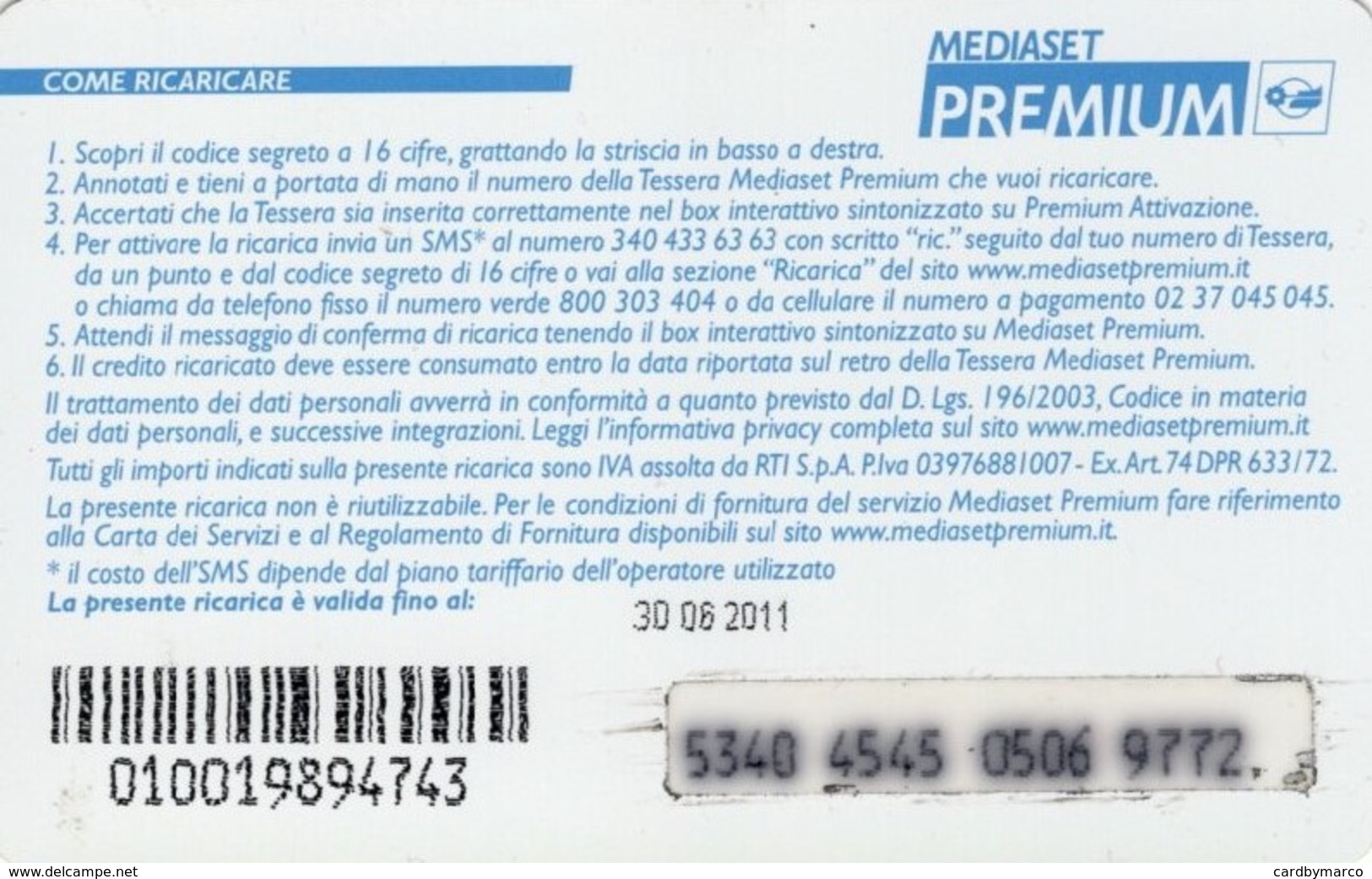 *ITALIA: MEDIASET PREMIUM* - Ricarica Usata - Altri & Non Classificati