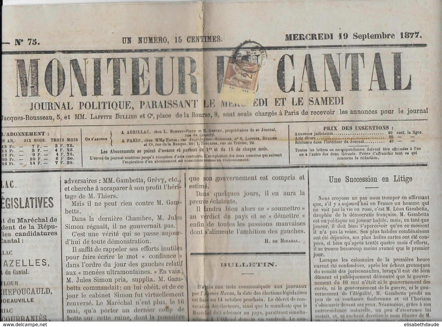 1877 - CANTAL - 2c SAGE Sur JOURNAL COMPLET POLITIQUE LE MONITEUR Du CANTAL à AURILLAC - 1877-1920: Période Semi Moderne