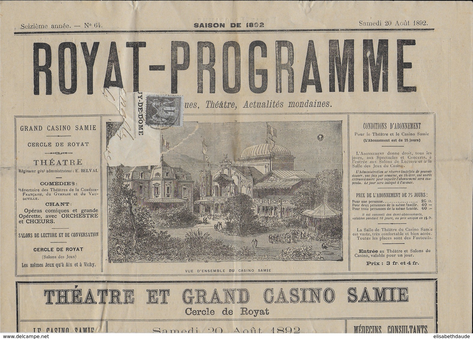 1892 - PUY DE DOME - 1c SAGE Sur JOURNAL COMPLET ROYAT PROGRAMME - 1877-1920: Période Semi Moderne