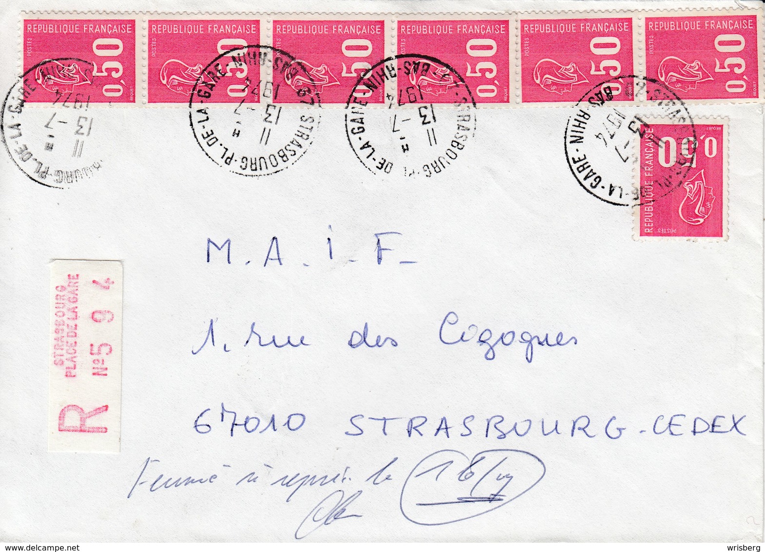 Env Reco Affr Y&T 1664 X 7 Obl STRASBOURG PLACE DE LA GARE Du 13.7.1974 Adressée à Strasbourg - Lettres & Documents