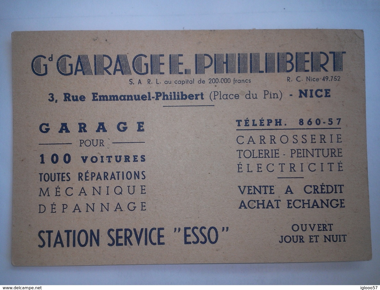 Carte De Visite Publicitaire De GARAGE E.PHILIBERT à NICE. STATION ESSO - Cartes De Visite