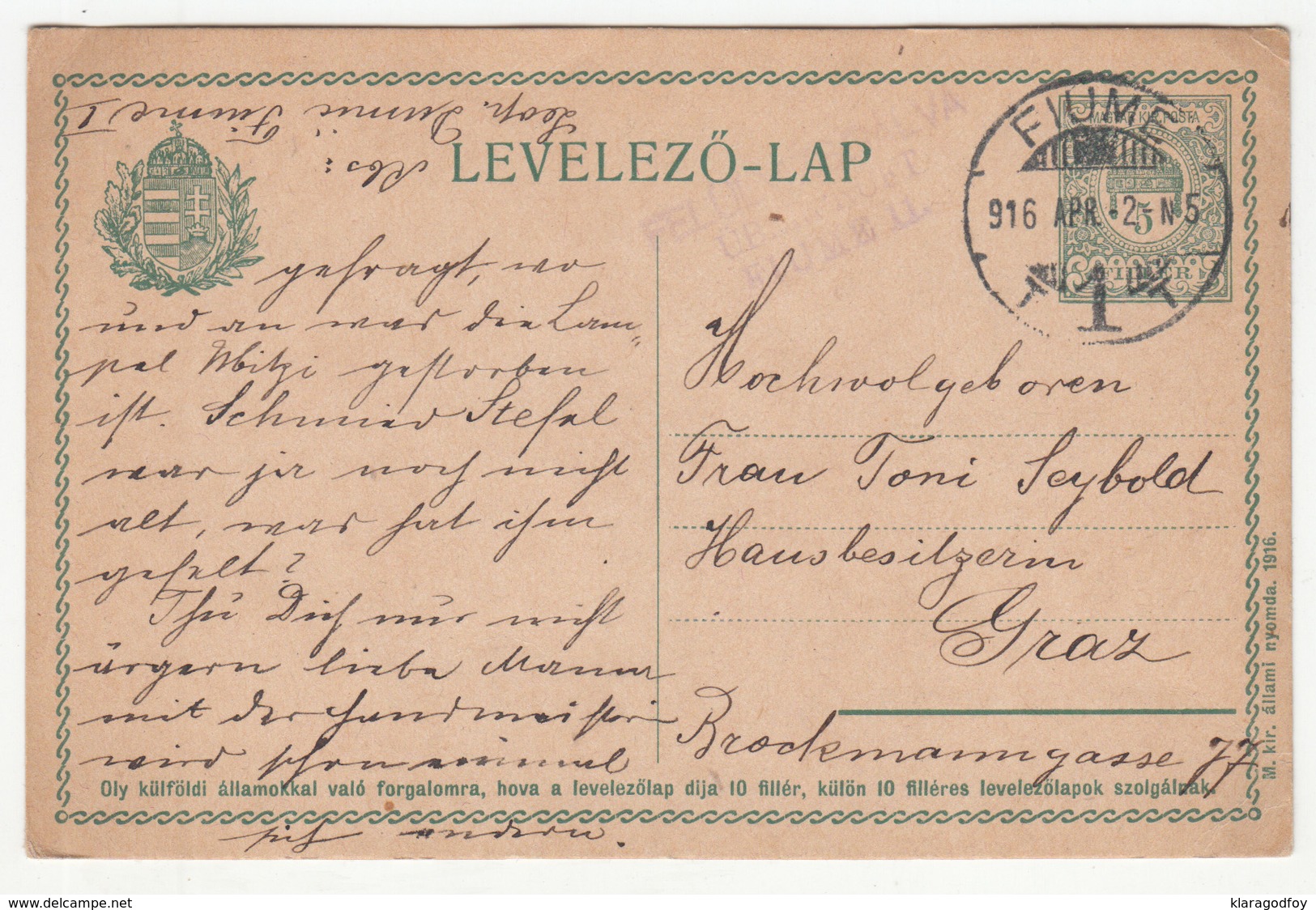 Hungary Postal Stationery Postcard Posted 1916 Fiume Censored To Graz B200115 - Croazia