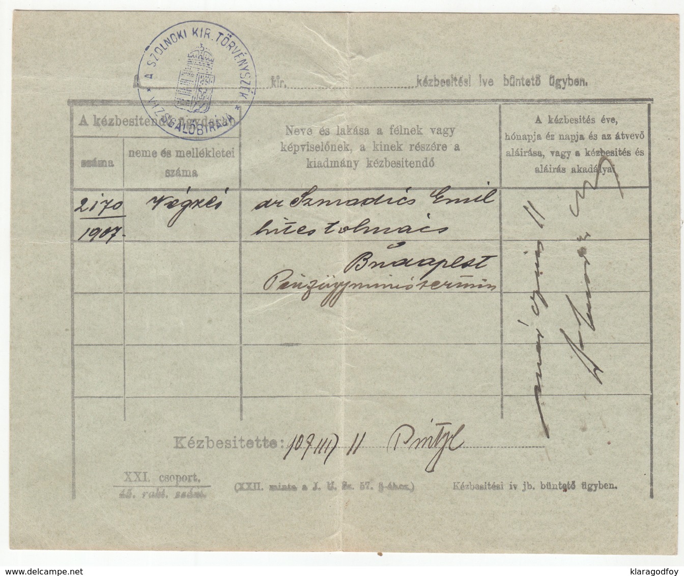 Hungary Postal Stationery Delivery Receipt 1907 Szolnok B200115 - Entiers Postaux