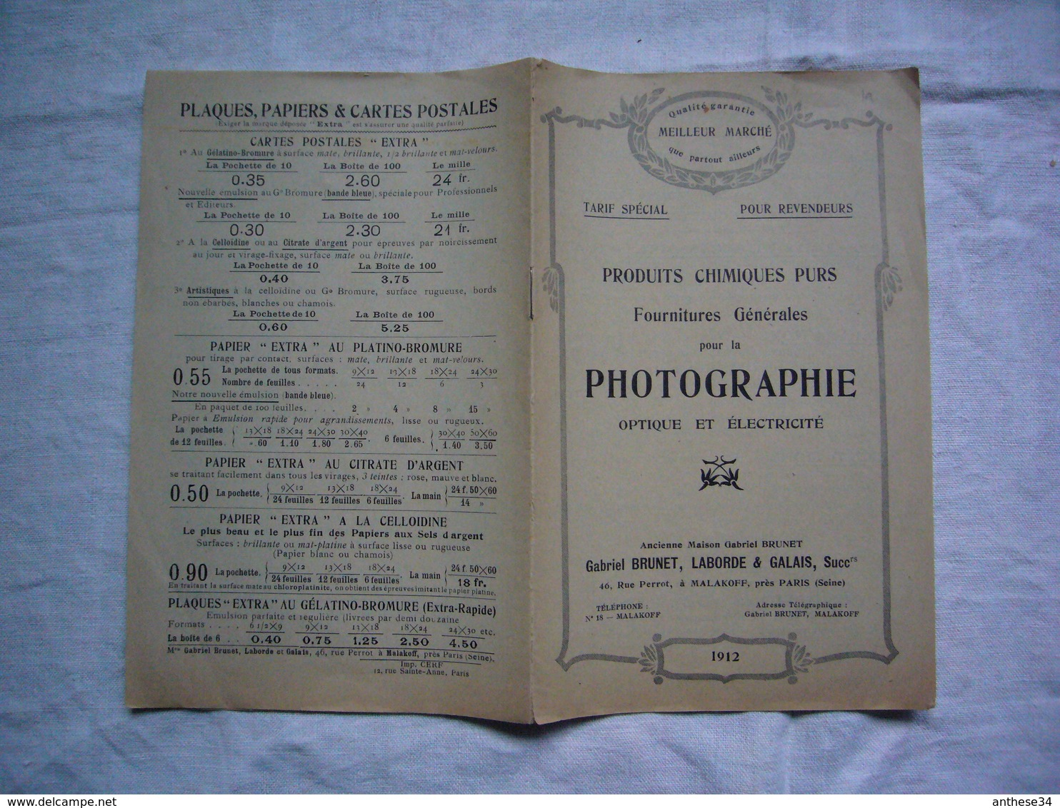 Plaquette Pub 1912 Produits Chimiques Fourniture Pour Photographie Brunet Laborde & Galais - Publicités