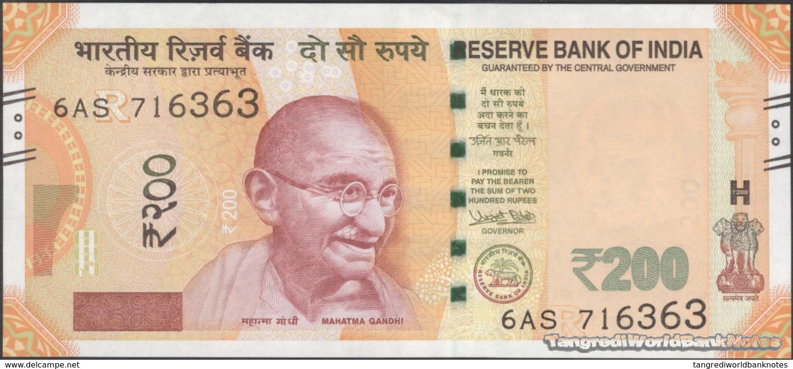 TWN - INDIA 113d - 200 Rupees 2017 Inset Letter R - Series 6AS - Signature: Patel﻿ UNC - India