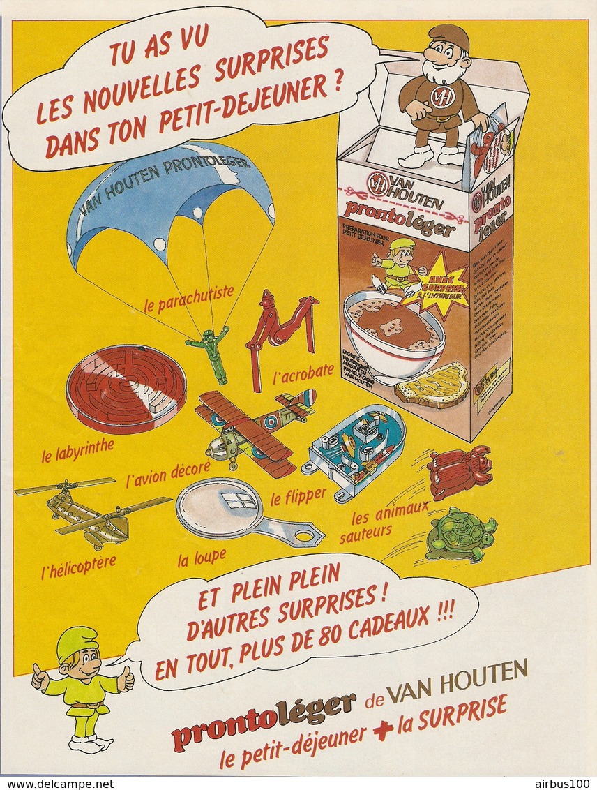 COUPURE De PRESSE PUB - PUBLICITÉ CHOCOLAT VAN HOUTEN - PARACHUTE AVION HELICOPTERE FLIPPER ACROBATE LABYRINTHE ANINAUX - Chocolat