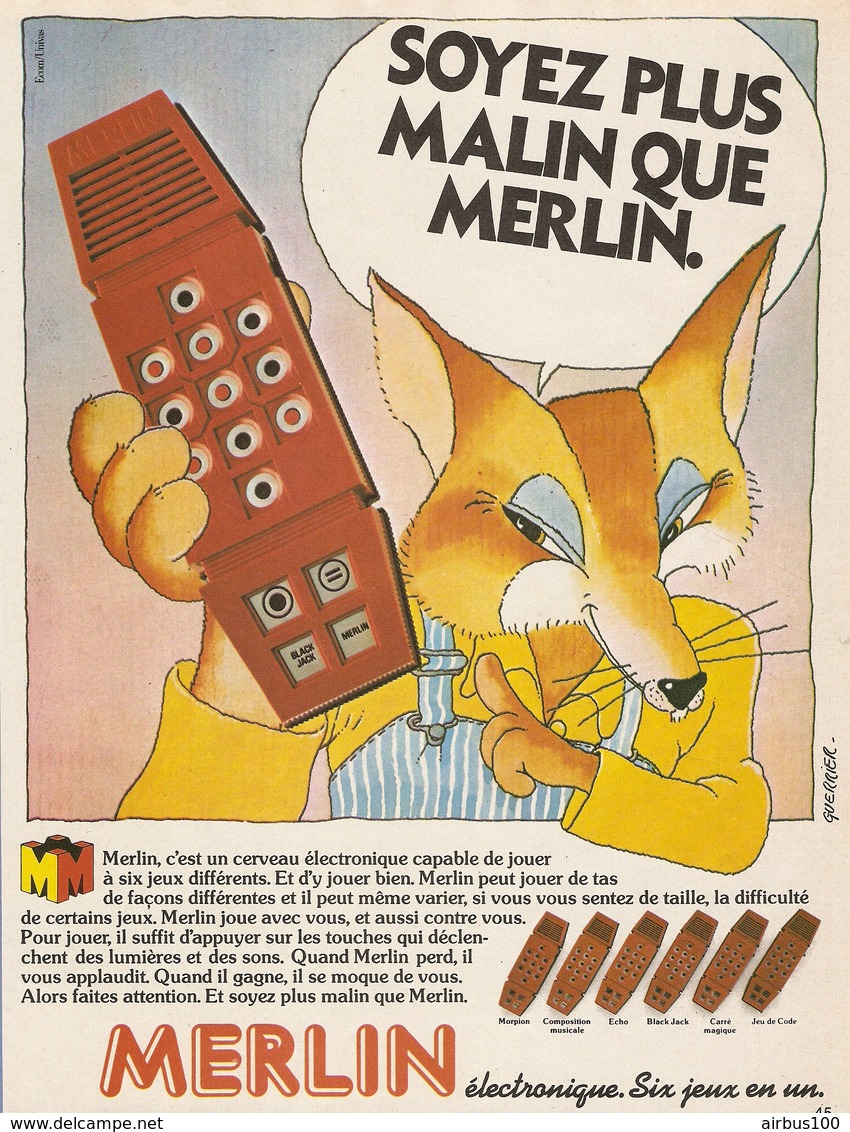 COUPURE De PRESSE PUB - PUBLICITÉ JEU ÉLECTRONIQUE MERLIN 6 JEUX EN UN - RENARD - ILLUSTRATEUR GUERRIER - Altri & Non Classificati