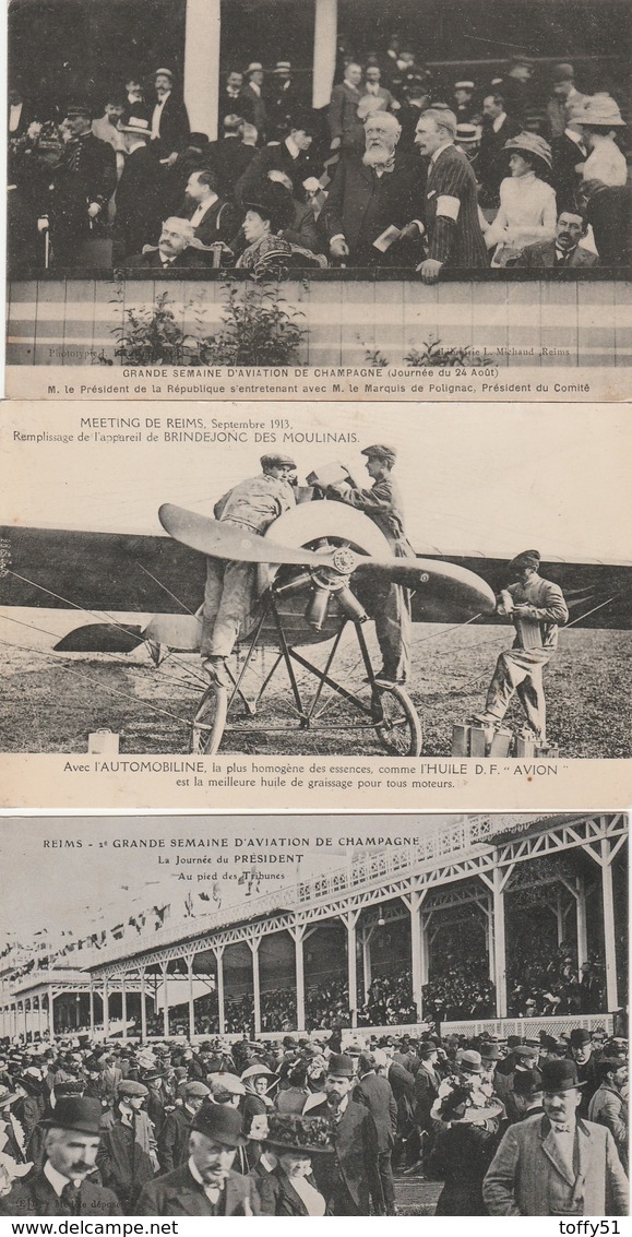 3 CPA:REIMS (51) MEETING AVION "BRINDEJONC DES MOULINAIS",GRANDE SEMAINE D'AVIATION DE CHAMPAGNE TRIBUNES,PRÉSIDENT - Reims