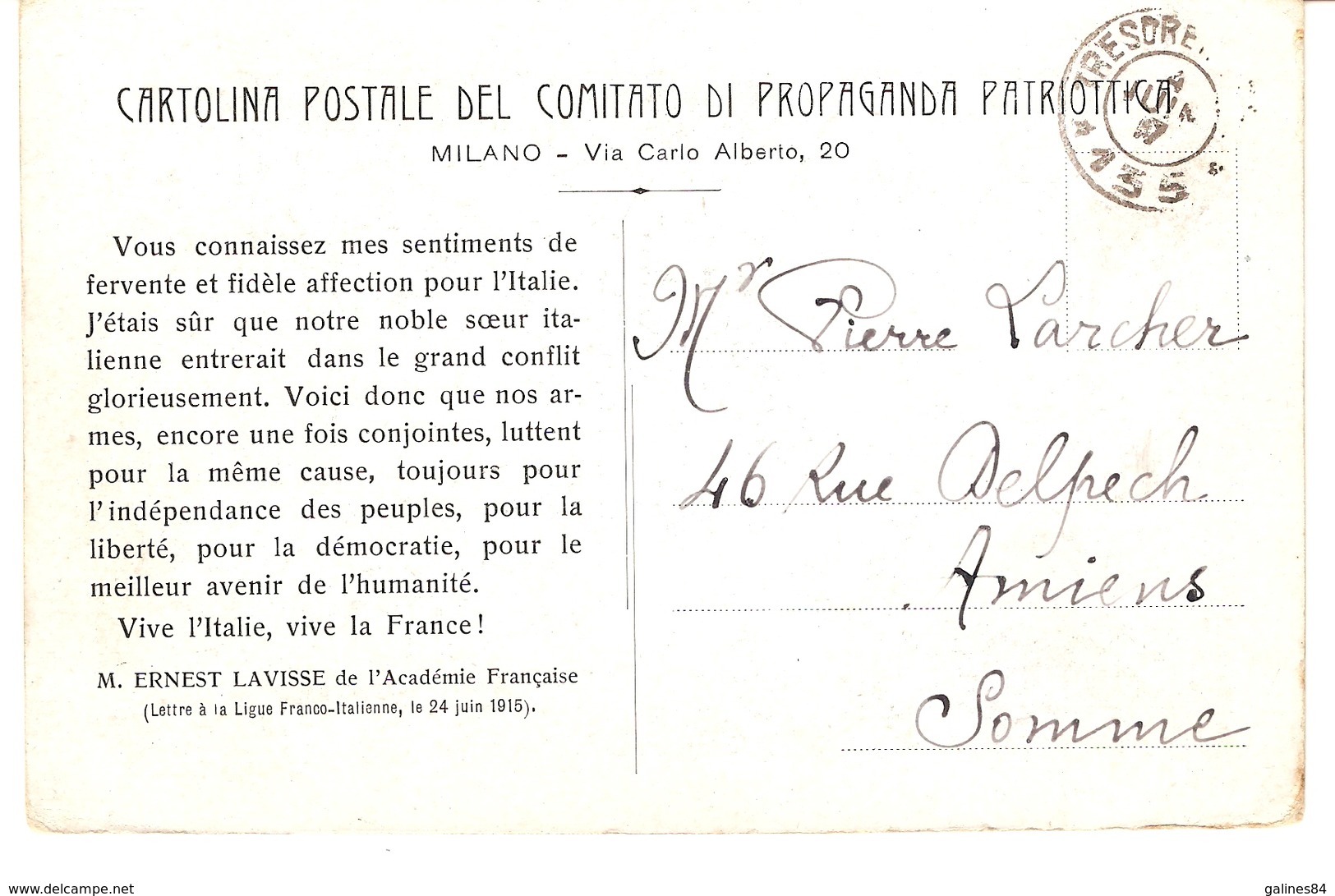 Carte Postale Du Comité De Propagande Patriote ( Italie Pour Amiens ) Guerre 14/18 - Sonstige & Ohne Zuordnung