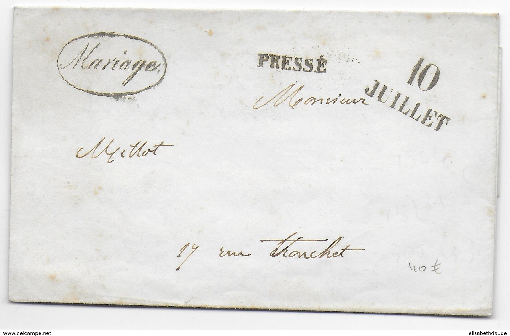 1849 - POSTE PRIVEE - MARQUES "MARIAGE" "PRESSE" Sur LETTRE DISTRIBUEE Par AGENCE BONNARD CAMPMAS à PARIS - 1849-1876: Période Classique