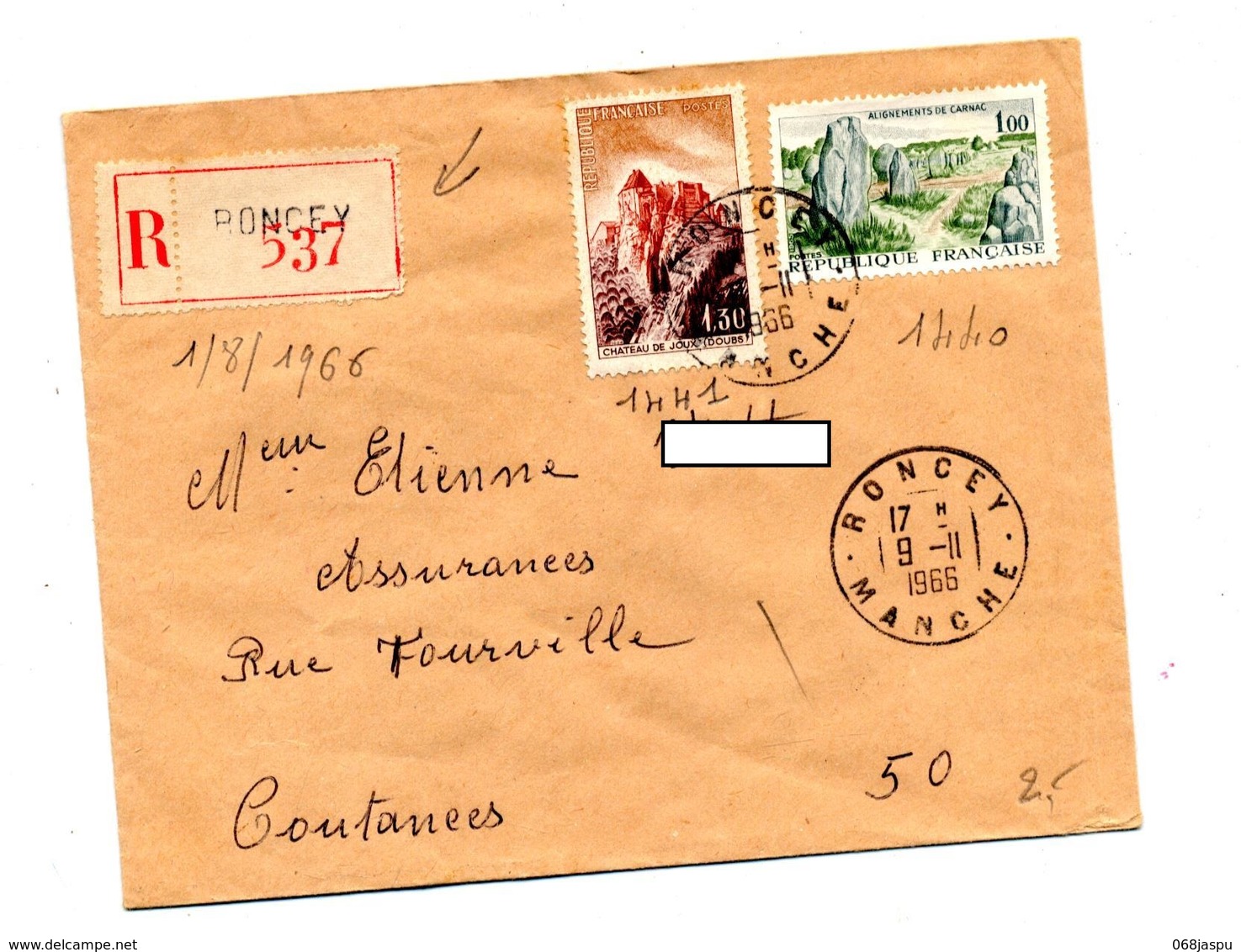 Lettre Recommandée Roncey Sur Joux Carnac - Manual Postmarks